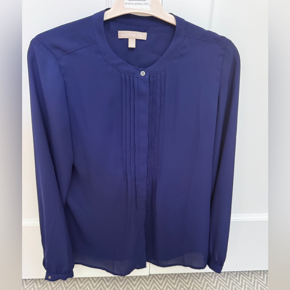 Banana Republic Royal Blue Mandarin Collar Pleated Long Sleeve Blouse Small S